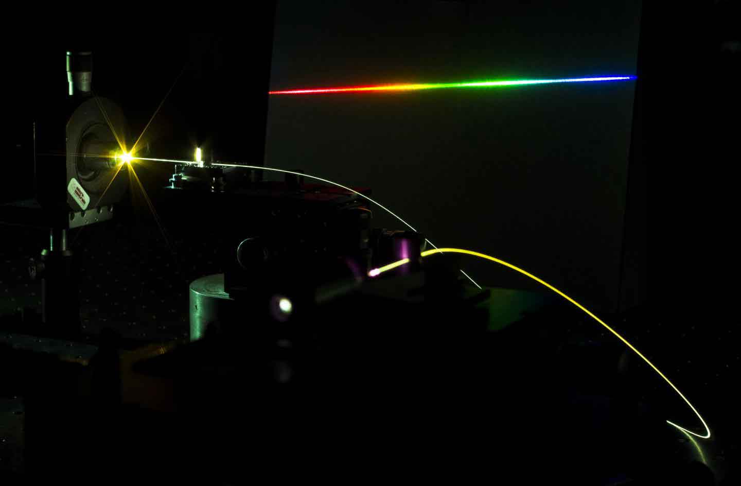 An ultrashort pulse is sent into an optical fibre and produces new frequency components via intense light-matter interactions. The progressive spectral broadening of the initial light pulse occurring during propagation, ultimately leads to the formation of a so-called supercontinuum. In the example here, this corresponds to a "white light" source which, similarly to a rainbow, is composed of all the colours seen in the visible region of the electromagnetic spectrum.  CREDIT Benjamin Wetzel