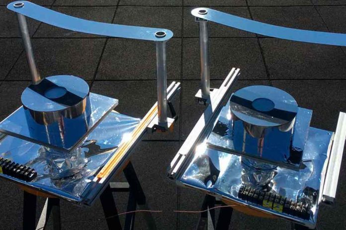 Two versions of the device designed by MIT researchers, using a strip of metal to block direct sunlight, were built and tested on the roof of an MIT building to confirm that they could provide cooling well below ambient air temperature. Photo by Bikram Bhatia