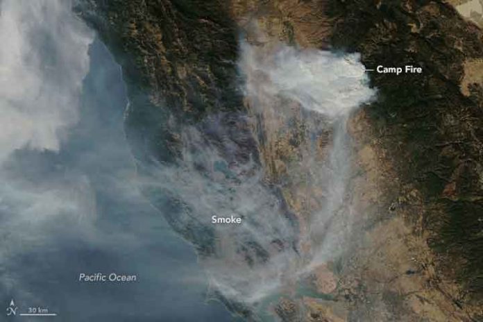 Satellites and ground sensors observe smoke blanketing California