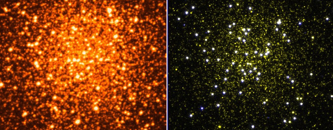 The picture of NGC 288 in the optical (left side; credit: ESO/DSS) shows numerous sun-like cooler stars and it is hard to locate hot stars. The image of the same cluster in the ultraviolet (right side, taken by UVIT, yellow is the near-UV and white is the far-UV image; credit: Snehalata Sahu) shows only hot stars as the cooler stars become undetectable.