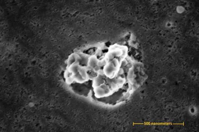 A scanning electron micrograph showing a cluster of silver nanoparticles released by scratching a nanosilver-infused cutting board. The cluster is approximately 900 nanometers across, or about the size of a typical bacterium. Credit: NIST