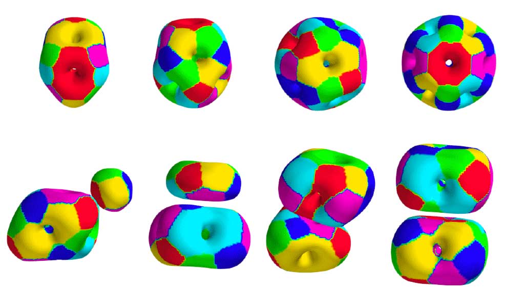 Scientists predict that some atomic nuclei should be shaped into multiple clumps. Previously, the shapes of those nuclei, when calculated with skyrmions, displayed forms that disagreed with that prediction (top row). But new skyrmion calculations found nuclei that consisted of multiple clusters, as expected (bottom row). Colors indicate the type of pion — particles that help hold the nucleus together — that dominates in each region.