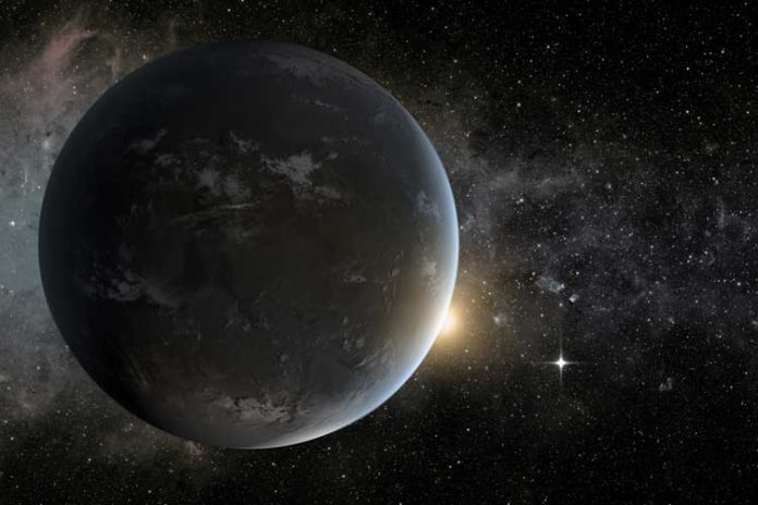 An artist’s concept of a super-Earth in the habitable zone of a star smaller and cooler than the sun. Such large planets could have long-lasting magma oceans that generate magnetic fields capable of protecting incipient life. The graphic was created to model Kepler-62f, one of many exoplanets discovered by NASA’s now inoperable Kepler space telescope. (Image courtesy of NASA Ames/JPL-Caltech/Tim Pyle)