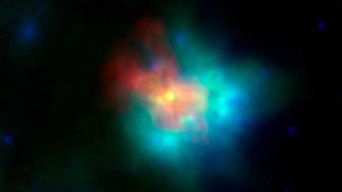 This image of supernova remnant G54.1+0.3 includes radio, infrared and X-ray light. NASA/JPL-Caltech/CXC/ESA/NRAO/J. Rho (SETI Institute)