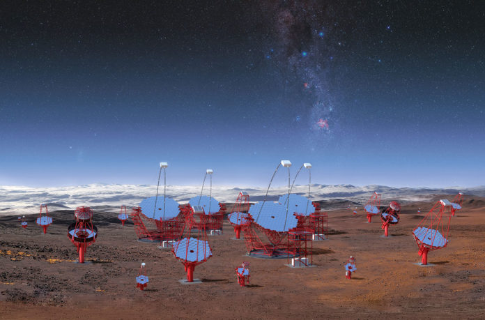 This image illustrates all three classes of the telescopes planned for the southern hemisphere at ESO's Paranal Observatory, as viewed from the centre of the array. This rendering is not an accurate representation of the final array layout, but it illustrates the enormous scale of the CTA telescopes and the array itself. Credit: CTA/M-A. Besel/IAC (G.P. Diaz)/ESO