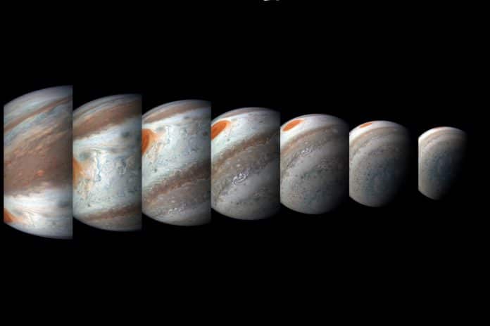 A south tropical disturbance has just passed Jupiter's iconic Great Red Spot and is captured stealing threads of orange haze from the Great Red Spot in this series of color-enhanced images from NASA's Juno spacecraft. From left to right, this sequence of images was taken between 2:57 a.m. and 3:36 a.m. PDT (5:57 a.m. and 6:36 a.m. EDT) on April 1, 2018, as the spacecraft performed its 12th close flyby of Jupiter. Citizen scientists Gerald Eichstädt and Seán Doran created this image using data from the spacecraft's JunoCam imager. Credits: NASA/JPL-Caltech/SwRI/MSSS/Gerald Eichstädt/Seán Doran