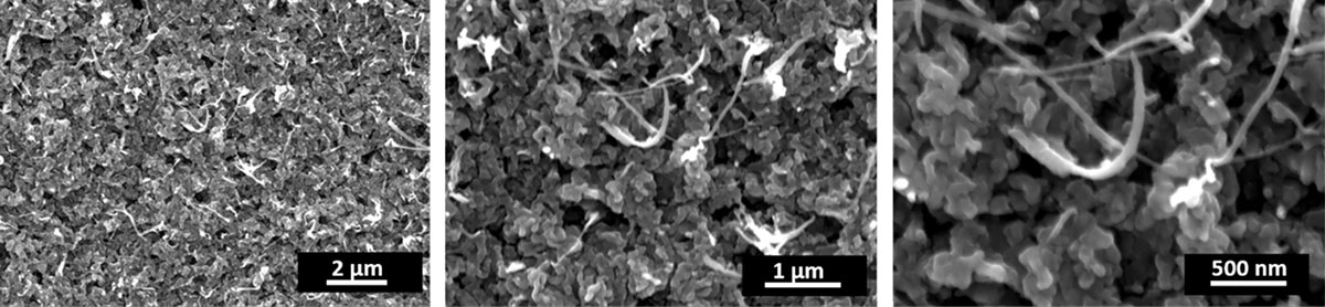 Scanning electron microscopy (SEM) images of oxide-derived copper shown at different magnifications. A discovery by researchers at Berkeley Lab and the Joint Center for Artificial Photosynthesis has revealed that inside this porous material are product-specific “active sites,” where electrons from the copper surface interact with carbon dioxide and water in a sequence of steps that transform them into valuable products such as ethanol fuel, ethylene, and propanol. (Credit: Ager and Lum/Berkeley Lab)