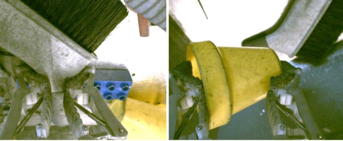 On the left, the gripper is holding the brush and there are some objects (yellow cup, blue plastic block) in the background. On the right, the gripper is holding the yellow cup and the brush is in the background. If the left image was the desired outcome, a good reward function should “understand” that the two images above correspond to different objects.