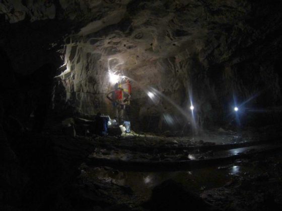 Cara Magnabosco and colleagues collect ancient water samples 1.3 km deep within the Beatrix Gold Mine, South Africa to investigate the diversity and abundance of deep microbes. Image courtesy of Gaetan Borgonie (Extreme Life Isyensya, Belgium) and Barbara Sherwood Lollar (University of Toronto, Canada)