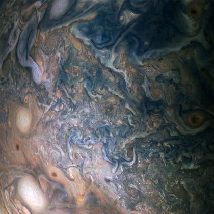 A multitude of bright white "pop-up" storms in this Jupiter cloudscape appear in this image from NASA's Juno spacecraft. This color-enhanced image was taken at 1:55 p.m. PDT (4:55 p.m. EDT) on Oct. 29, 2018, as the spacecraft performed its 16th close flyby of Jupiter. Citizen scientists Gerald Eichstädt and Seán Doran created this image using data from the spacecraft's JunoCam imager. Credits: NASA/JPL-Caltech/SwRI/MSSS/Gerald Eichstädt/Seán Doran
