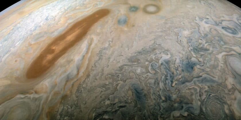 A long, brown oval known as a "brown barge" in Jupiter's North North Equatorial Belt is captured in this color-enhanced image from NASA's Juno spacecraft. This image was taken at 6:01 p.m. PDT (9:01 p.m. EDT) on Sept. 6, 2018, as the spacecraft performed its 15th close flyby of Jupiter. Citizen scientist Kevin M. Gill created this image using data from the spacecraft's JunoCam imager. Credits: NASA/JPL-Caltech/SwRI/MSSS/Kevin M. Gill