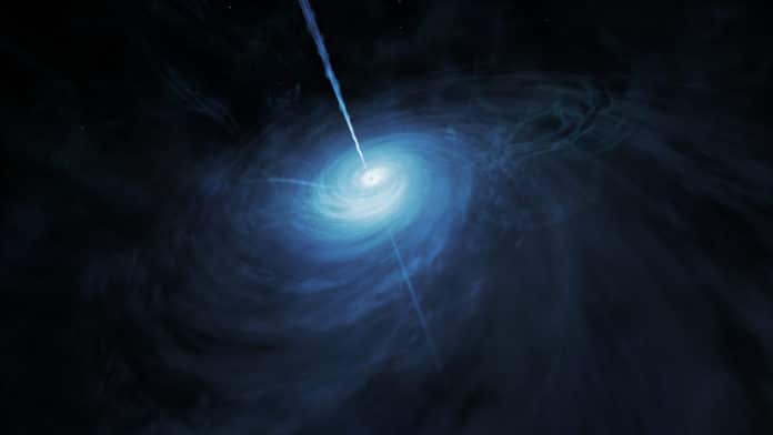 This artist’s impression shows how J043947.08+163415.7, a very distant quasar powered by a supermassive black hole, may look close up. This object is by far the brightest quasar yet discovered in the early Universe.