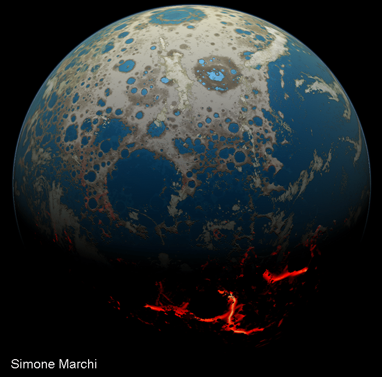 An artistic rendering of the Hadean Earth when the rock fragment was formed. Impact craters, some flooded by shallow seas, cover large swaths of the Earth’s surface. The excavation of those craters ejected rocky debris, some of which hit the Moon. Credit: Simone Marchi.