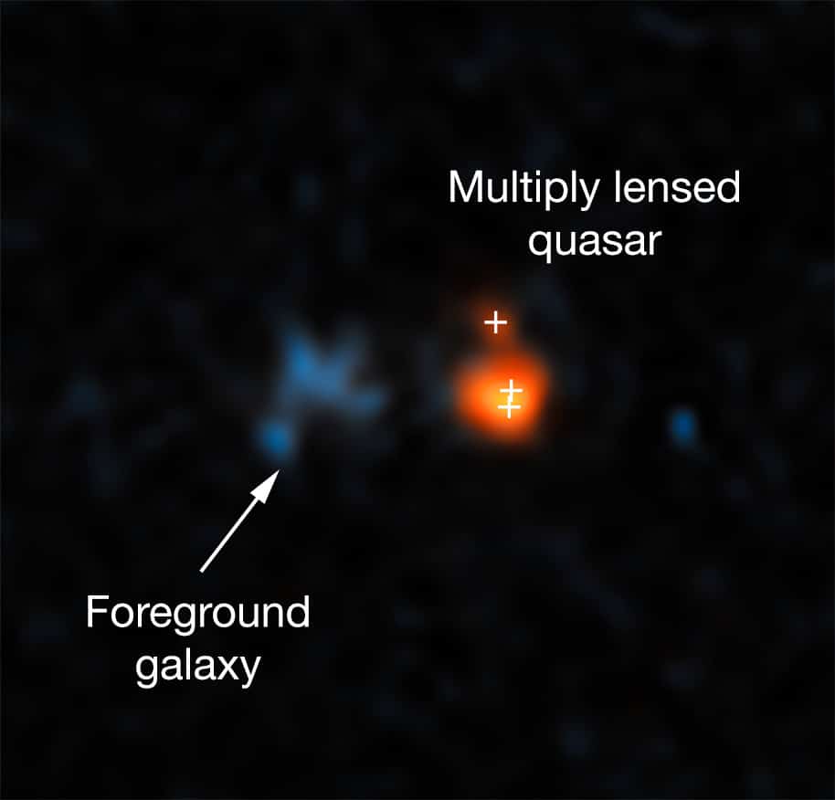 This image shows the distant quasar J043947.08+163415.7 as it was observed with the NASA/ESA Hubble Space Telescope. The quasar is one of the brightest objects in the early Universe. However, due to its distance it only became visible as its image was made brighter and larger by gravitational lensing. The system of the lensed images and the actual lens is so compact that Hubble is the only optical telescope able to resolve it.