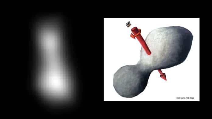 At left is a composite of two images taken by New Horizons' high-resolution Long-Range Reconnaissance Imager (LORRI), which provides the best indication of Ultima Thule's size and shape so far. Preliminary measurements of this Kuiper Belt object suggest it is approximately 20 miles long by 10 miles wide (32 kilometers by 16 kilometers). An artist's impression at right illustrates one possible appearance of Ultima Thule, based on the actual image at left. The direction of Ultima's spin axis is indicated by the arrows. Credits: NASA/JHUAPL/SwRI; sketch courtesy of James Tuttle Keane