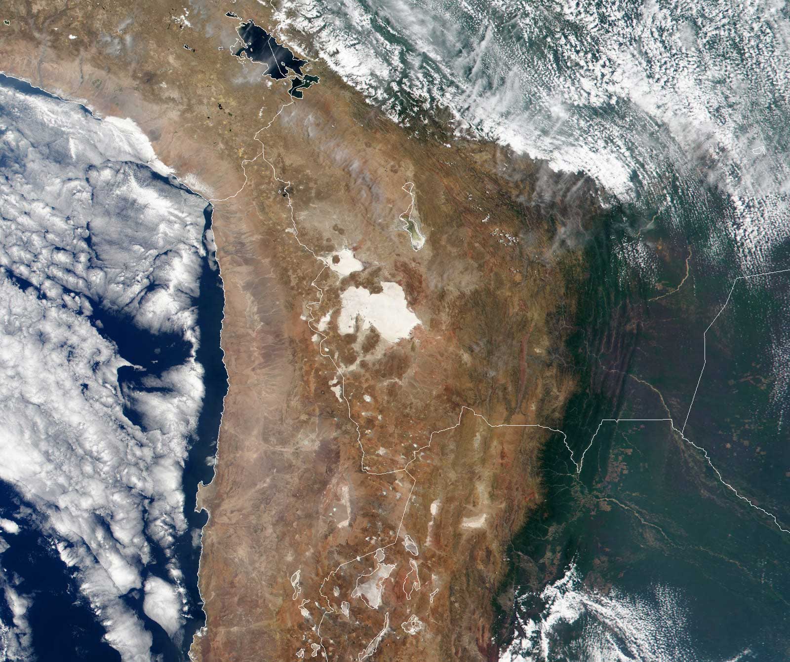 The central Andes Mountains and surrounding landscape, as seen in this true-color image from NASA’s Terra spacecraft, formed over the past 170 million years as the Nazca Plate lying under the Pacific Ocean has forced its way under the South American Plate. (Image courtesy of NASA)