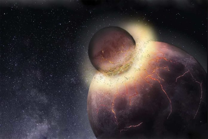 Rice University petrologists have found Earth most likely received the bulk of its carbon, nitrogen and other life-essential volatile elements from the planetary collision that created the moon more than 4.4 billion years ago. (Image courtesy of Rice University)
