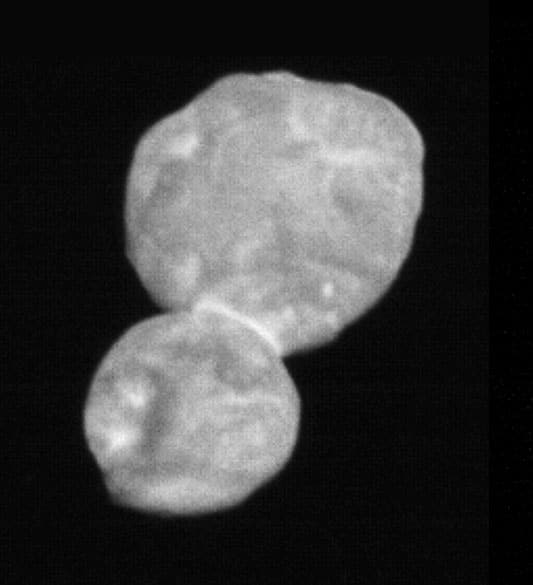 This image taken by the Long-Range Reconnaissance Imager (LORRI) is the most detailed of Ultima Thule returned so far by the New Horizons spacecraft. It was taken at 5:01 Universal Time on January 1, 2019, just 30 minutes before closest approach from a range of 18,000 miles (28,000 kilometers), with an original scale of 459 feet (140 meters) per pixel. Credit: NASA/Johns Hopkins University Applied Physics Laboratory/Southwest Research Institute