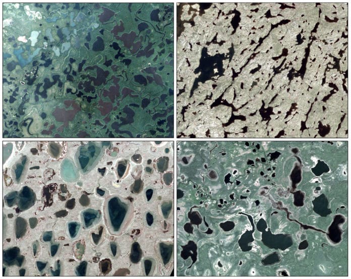 A new study uses CubeSats to measure short-term changes in northern hemisphere lakes. The study region includes (clockwise starting at the top left): Mackenzie River Delta, Northwest Territories, Canada; Canadian Shield, north of Yellowknife, Northwest Territories, Canada; Yukon Flats, Alaska and Tuktoytaktuk Peninsula, Northwest Territories, Canada. Credit: Planet