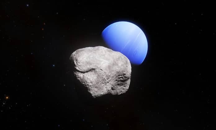This artist’s impression shows the outermost planet of the Solar System, Neptune, and its small moon Hippocamp. Hippocamp was discovered in images taken with the NASA/ESA Hubble Space Telescope. Whilst the images taken with Hubble allowed astronomers to discover the moon and also to measure its diameter, about 34 kilometres, these images do not allow us to see surface structures.