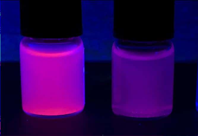 A photograph of SION-105 suspended in solvents with (L) and without (R) fluoride ion contamination. Credit: Mish Ebrahim
