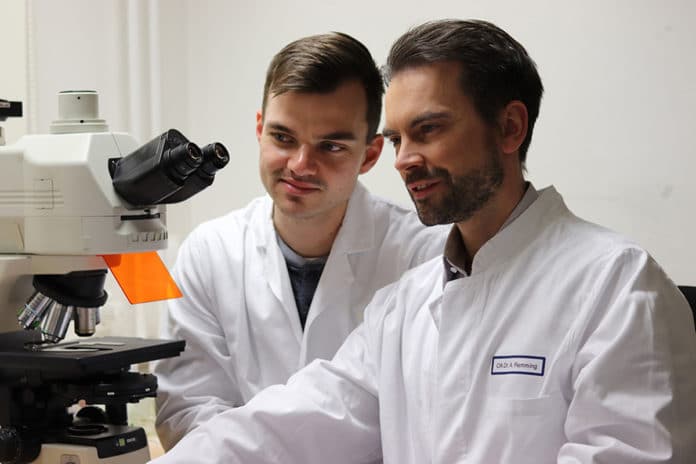 Doctoral candidate Thomas Wohlfahrt (l.), lead author of the article, and group leader Dr. Andreas Ramming in front of an immune fluorescence microscope. (Image: Uni-Klinikum Erlangen/Andreas Ramming)