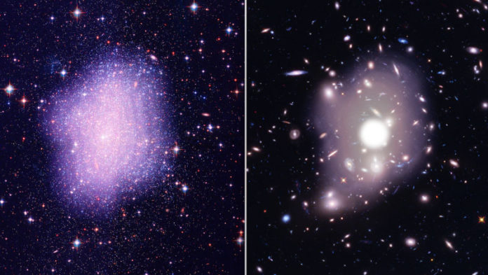 Astronomers observed that the dark matter does not seem to clump very much in small galaxies, but their density peaks sharply in bigger systems such as clusters of galaxies. It has been a puzzle why different systems behave differently. (Credit: Kavli IPMU - Kavli IPMU modified this figure based on the image credited by NASA, STScI)