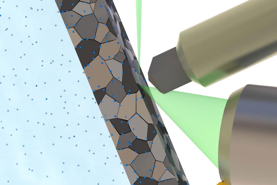 This illustration depicts the main elements of the system the team used: The multicolored slab at center is the metal layer being studied, the pale blue region at left is the electrolyte solution used as a source of hydrogen, the small blue dots are the hydrogen atoms, and the green laser beams at right are probing the process. The large cylinder at right is a probe used to indent the metal to test its mechanical properties.  Courtesy of the researchers