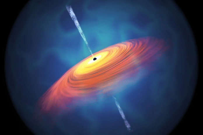 An artist’s impression of a quasar. A supermassive black hole sits at the center, and the gravitational energy of material accreting onto it is released as light. Image courtesy of Yoshiki Matsuoka