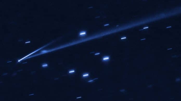 The asteroid 6478 Gault is seen with the NASA/ESA Hubble Space Telescope, showing two narrow, comet-like tails of debris that tell us that the asteroid is slowly undergoing self-destruction. The bright streaks surrounding the asteroid are background stars. The Gault asteroid is located 214 million miles from the Sun, between the orbits of Mars and Jupiter. Credit: NASA, ESA, K. Meech and J. Kleyna (University of Hawaii), O. Hainaut (European Southern Observatory)