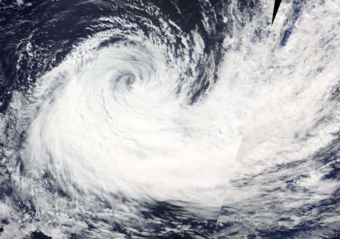 At 1:05 a.m. EDT (0505 UTC) on Sept. 28, the MODIS instrument aboard NASA’s Terra satellite provided a visible image of Typhoon Haleh that revealed a clear eye and a powerful storm. Credit: NASA Worldview, Earth Observing System Data and Information System (EOSDIS)