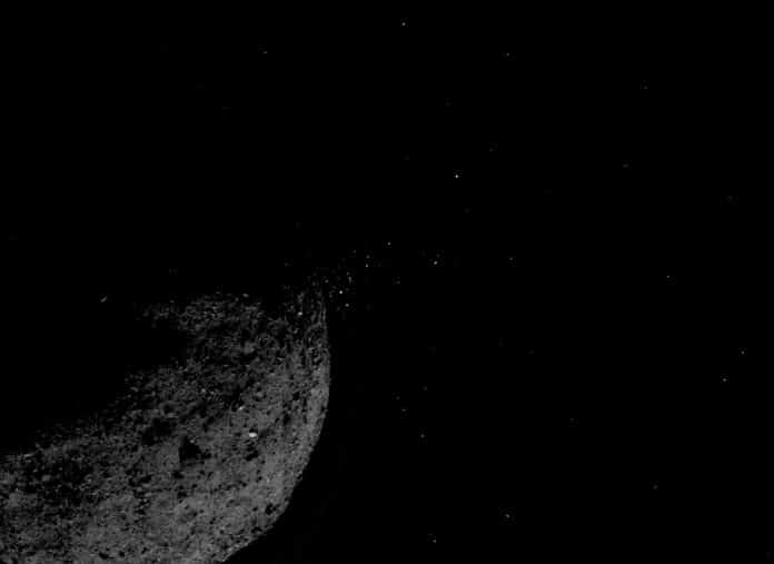 This view of asteroid Bennu ejecting particles from its surface on January 19 was created by combining two images taken on board NASA’s OSIRIS-REx spacecraft. Other image processing techniques were also applied, such as cropping and adjusting the brightness and contrast of each image. Credits: NASA/Goddard/University of Arizona/Lockheed Martin