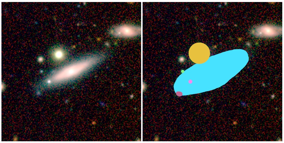 An image of an AstroQuest galaxy alongside how it looks in the AstroQuest platform once a citizen scientist has helped the computer to identify what belongs to the main galaxy and what doesn’t. Credit: ICRAR/AstroQuest