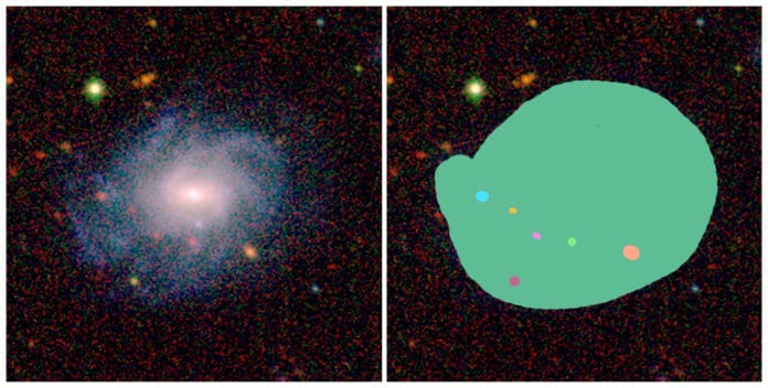 An image of AstroQuest galaxy alongside how it looks in the AstroQuest platform once a citizen scientist has ‘helped’ the computer to identify what belongs to the main galaxy and what doesn’t. Credit: ICRAR/AstroQuest