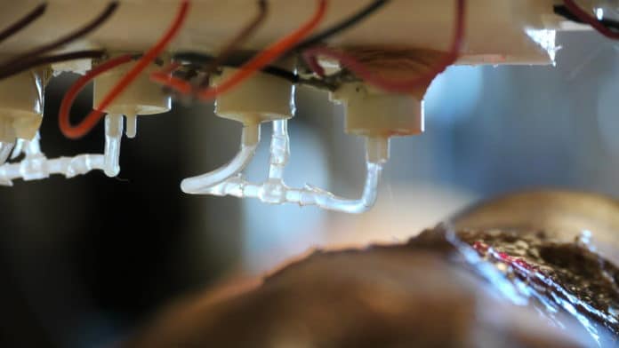 A close up view of the skin bioprinter nozzle. Credit: WFIRM