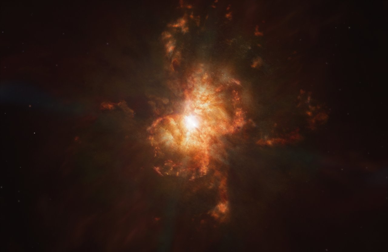 This artist's impression of the formation of Southern Crab nebula illustrates its hourglass-shared structure, that has been created by the interaction between a pair of stars at its centre: a red giant and a white dwarf. The red giant is shedding its outer laters in the last phase of its life before it too lives out its final years as a white dwarf. Credit: ESA/Hubble, M. Kornmesser