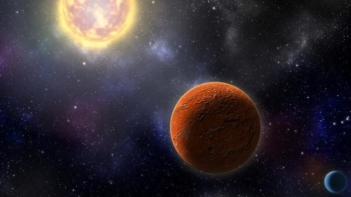 Artist's conception of HD 21749c, the first Earth-sized planet found by NASA's Transiting Exoplanets Survey Satellite (TESS), as well as its sibling, HD 21749b, a warm sub-Neptune-sized world. Illustration by Robin Dienel, courtesy of the Carnegie Institution for Science.
