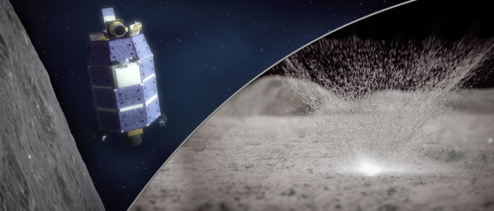 In this artist’s concept, the LADEE spacecraft (left) observes trace amounts of water escaping the moon’s surface during bombardment by micrometeoroids (right). Credit: NASA’s Goddard Space Flight Center/Conceptual Image Lab