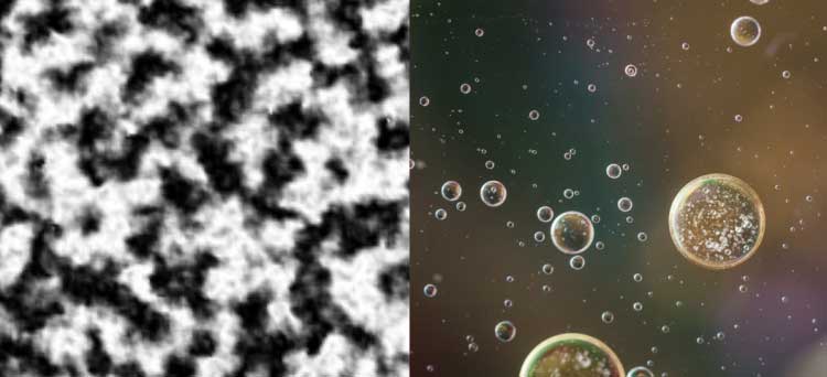A computer simulation of magnetic "droplets" forming juxtaposed with a photo of oil in water. Credits: Ezio Iacocca; Pixabay