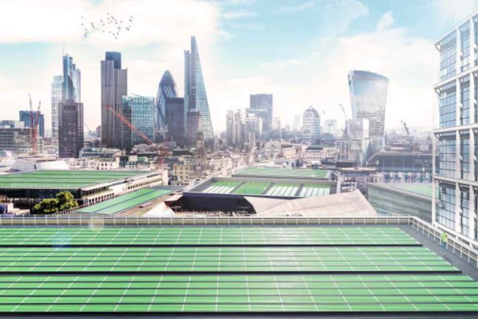 Artist impression of Arborea panels on London roofs (credit: Imperial College London // Thomas Glover)