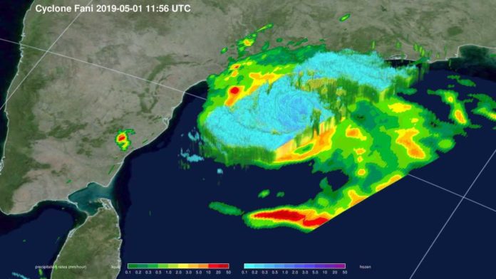 The GPM core observatory satellite passed over Tropical Cyclone Fani on May 1, 2019 as it was strengthening and nearing landfall in northeastern India. This 3D image shows the powerful storms circling the center. Credit: NASA/JAXA/Jacob Ree