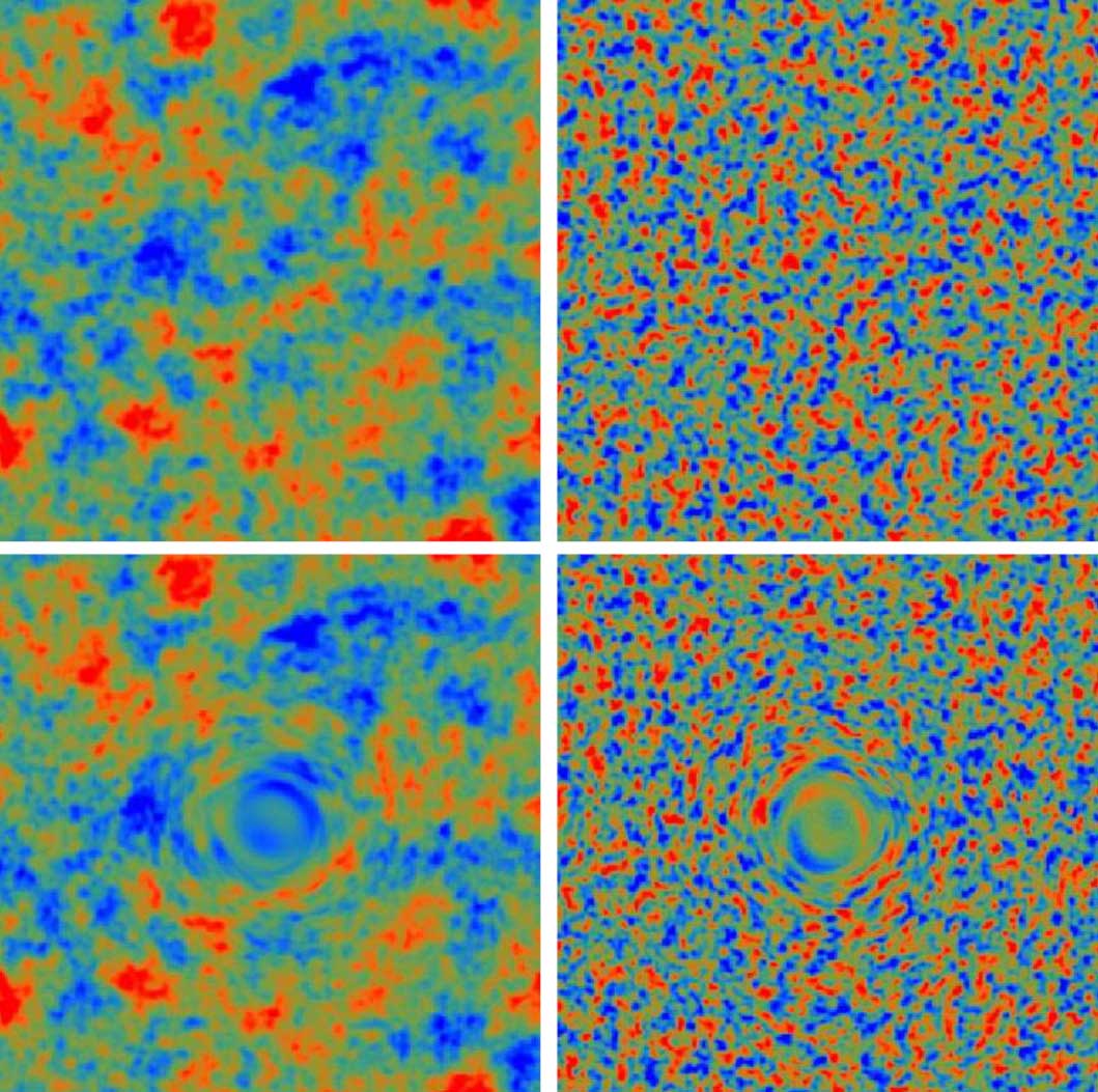 A set of cosmic microwave background images with no lensing effects (top row) and with exaggerated cosmic microwave background lensing effects (bottom row). (Credit: Wayne Hu and Takemi Okamoto/University of Chicago)