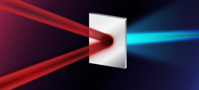 A standard laser generated proton beam is created through firing a laser pulse at a thin metallic foil. The new method involves instead first splitting the laser into two less intense pulses, before firing both at the foil from two different angles simultaneously. When the two pulses collide on the foil, the resultant electromagnetic fields heat the foil extremely efficiently. The technique results in higher energy protons whilst using the same initial laser energy as the standard method. CREDIT Yen Strandqvist/Chalmers University of Technology