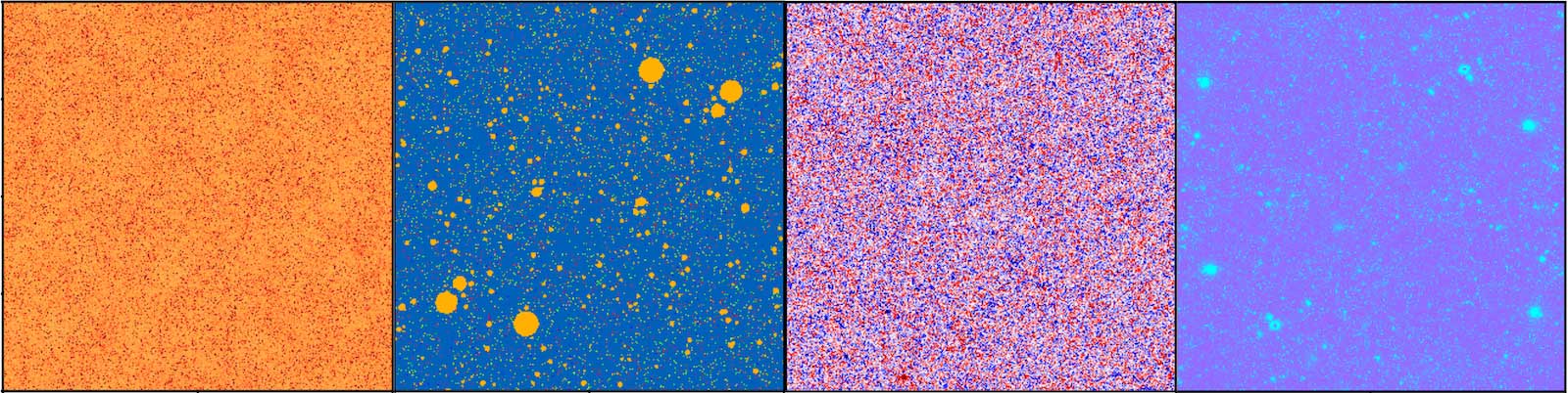 These images show different types of emissions that can interfere with CMB lensing measurements, as simulated by Neelima Sehgal and collaborators. From left to right: The cosmic infrared background, composed of intergalactic dust; radio point sources, or radio emission from other galaxies; the kinematic Sunyaev-Zel’dovich effect, a product of gas in other galaxies; and the thermal Sunyaev-Zel’dovich effect, which also relates to gas in other galaxies. (Credit: Emmanuel Schaan and Simone Ferraro/Berkeley Lab)