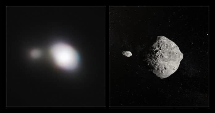 The unique capabilities of the SPHERE instrument on ESO’s Very Large Telescope have enabled it to obtain the sharpest images of a double asteroid as it flew by Earth on 25 May. While this double asteroid was not itself a threatening object, scientists used the opportunity to rehearse the response to a hazardous Near-Earth Object (NEO), proving that ESO’s front-line technology could be critical in planetary defence. The left-hand image shows SPHERE observations of Asteroid 1999 KW4. The angular resolution in this image is equivalent to picking out a single building in New York — from Paris. An artist's impression of the asteroid pair is shown on the right. Credit: ESO
