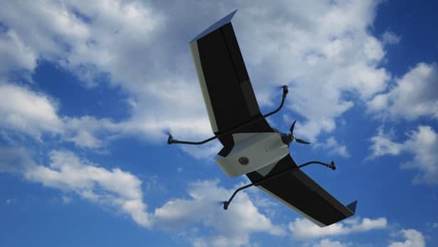 The Birdie drone with its VTOL module – in fixed-wing flight mode, it can remain airborne for up to one hour./ Image: FlyTech