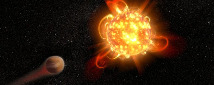 An artist's depiction of a superflare on an alien star. (Credit: NASA, ESA and D. Player)