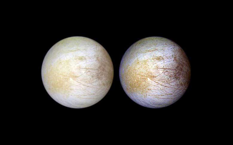 Tara Regio is the yellowish area to left of center, in this NASA Galileo image of Europa’s surface. This region of geologic chaos is the area researchers identified an abundance of sodium chloride. Credit: NASA/JPL/University of Arizona