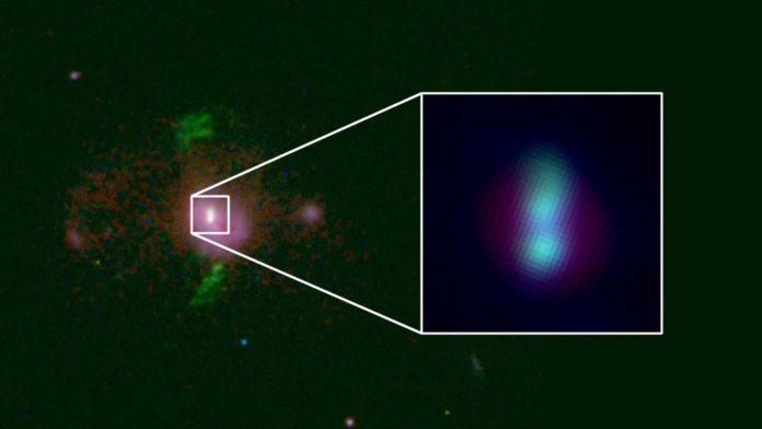 Titanic Twosome: A Princeton-led team of astrophysicists has spotted a pair of supermassive black holes, roughly 2.5 billion light-years away, that are on a collision course (inset). The duo can be used to estimate how many detectable supermassive black hole mergers are in the present-day universe and to predict when the historic first detection of the background “hum” of gravitational waves will be made. Image courtesy of Andy Goulding et al./Astrophysical Journal Letters 2019