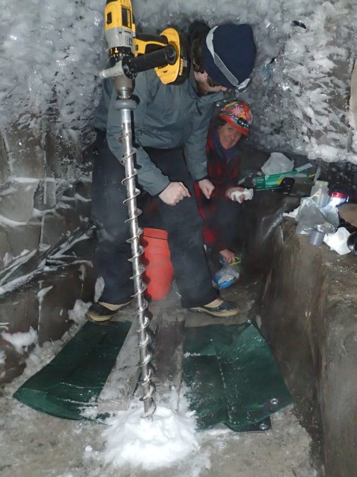 Zac Cooper and Shelly Carpenter begin to drill below the Alaskan ice tunnel toward the cryopeg and its salty subzero water. Researchers are careful to sterilize their equipment to avoid introducing contamination from above ground. The most stringent of such techniques will be needed to sample for life on other planets.Go Iwahana/University of Alaska, Fairbanks
